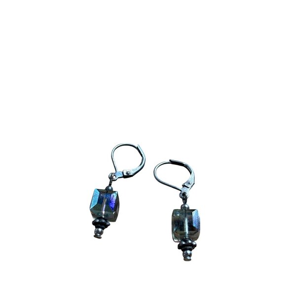 Square Faceted AB Glass Bead Dangle Earrings Silvertone Leverback 0.75 inch - Picture 2 of 2